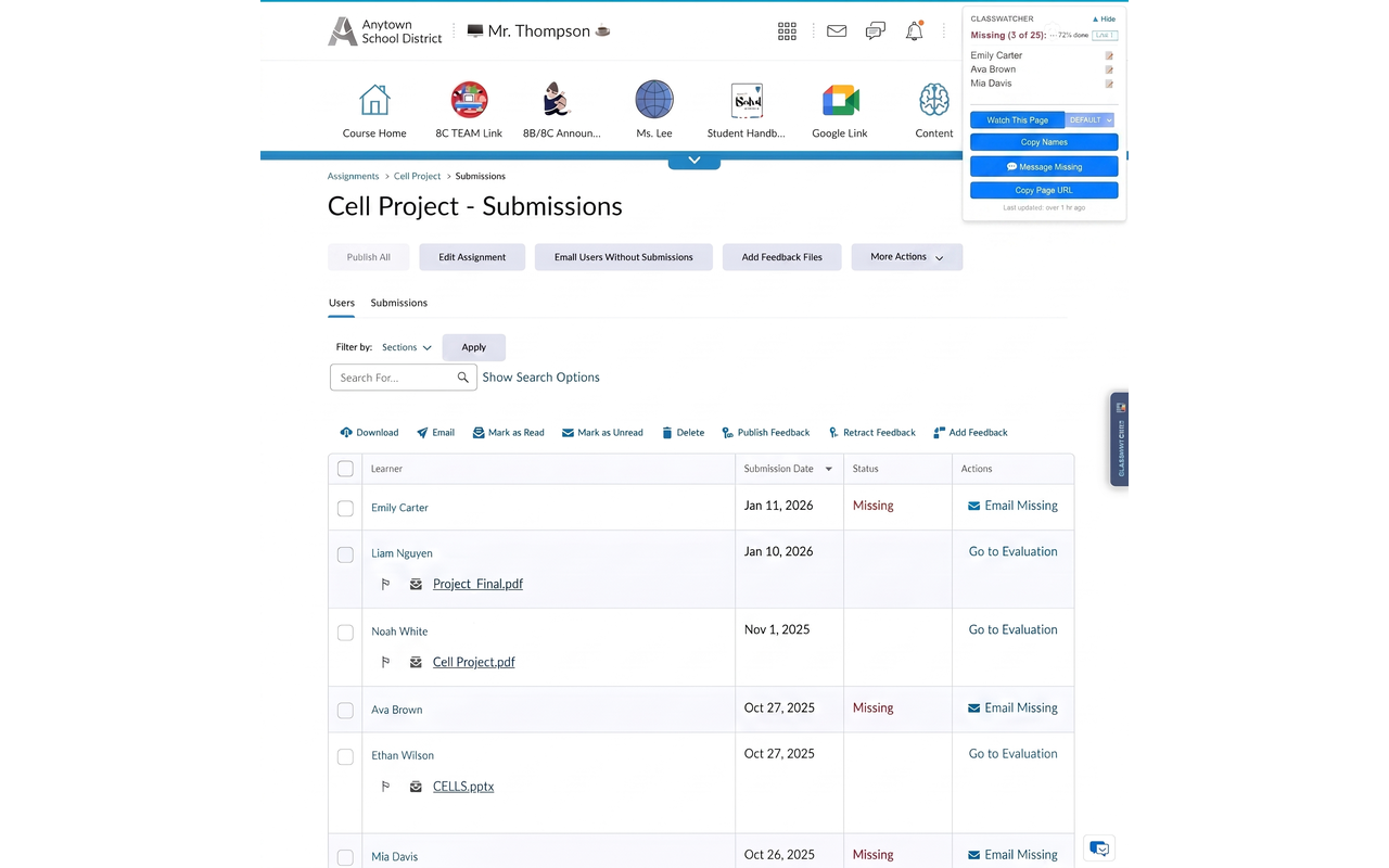 ClassWatcher showing missing students for a single assignment