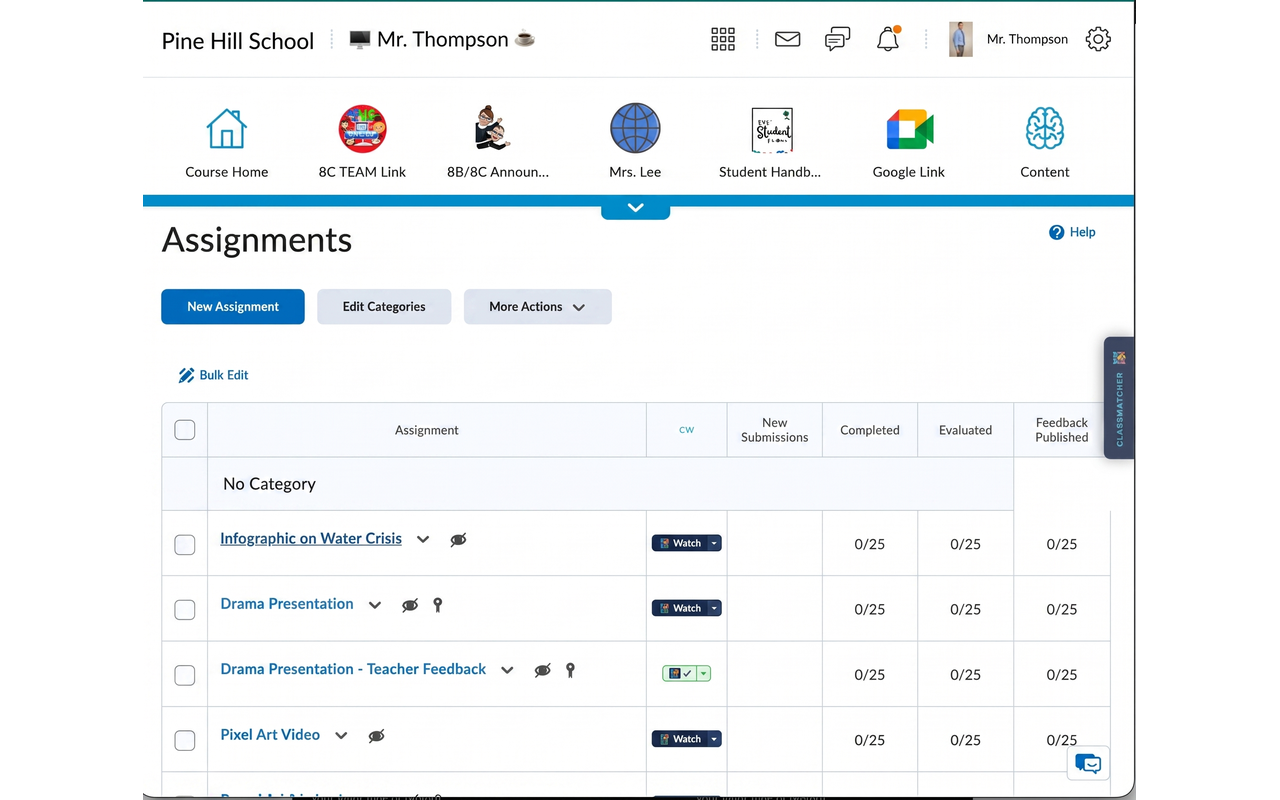 ClassWatcher watch list showing missing counts across multiple assignments