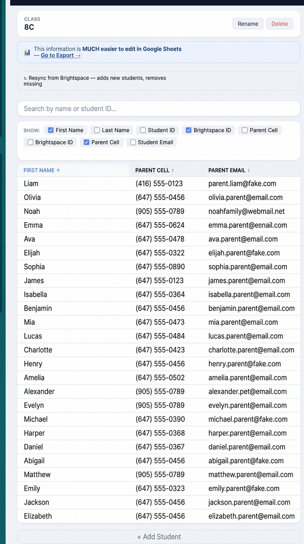 ClassWatcher Students screen showing parent contact info fields