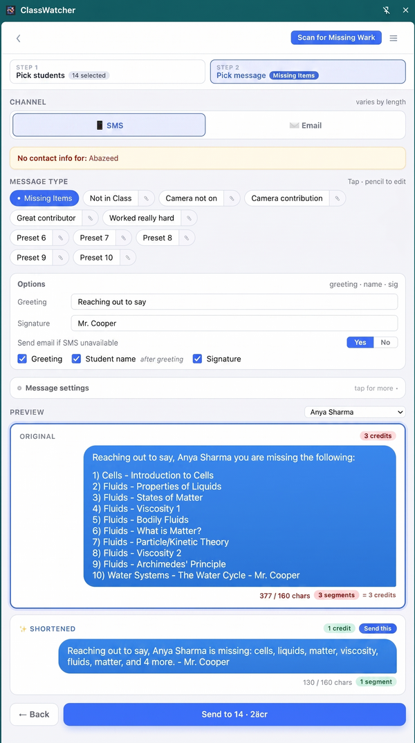 ClassWatcher Pick Message screen for composing a parent SMS