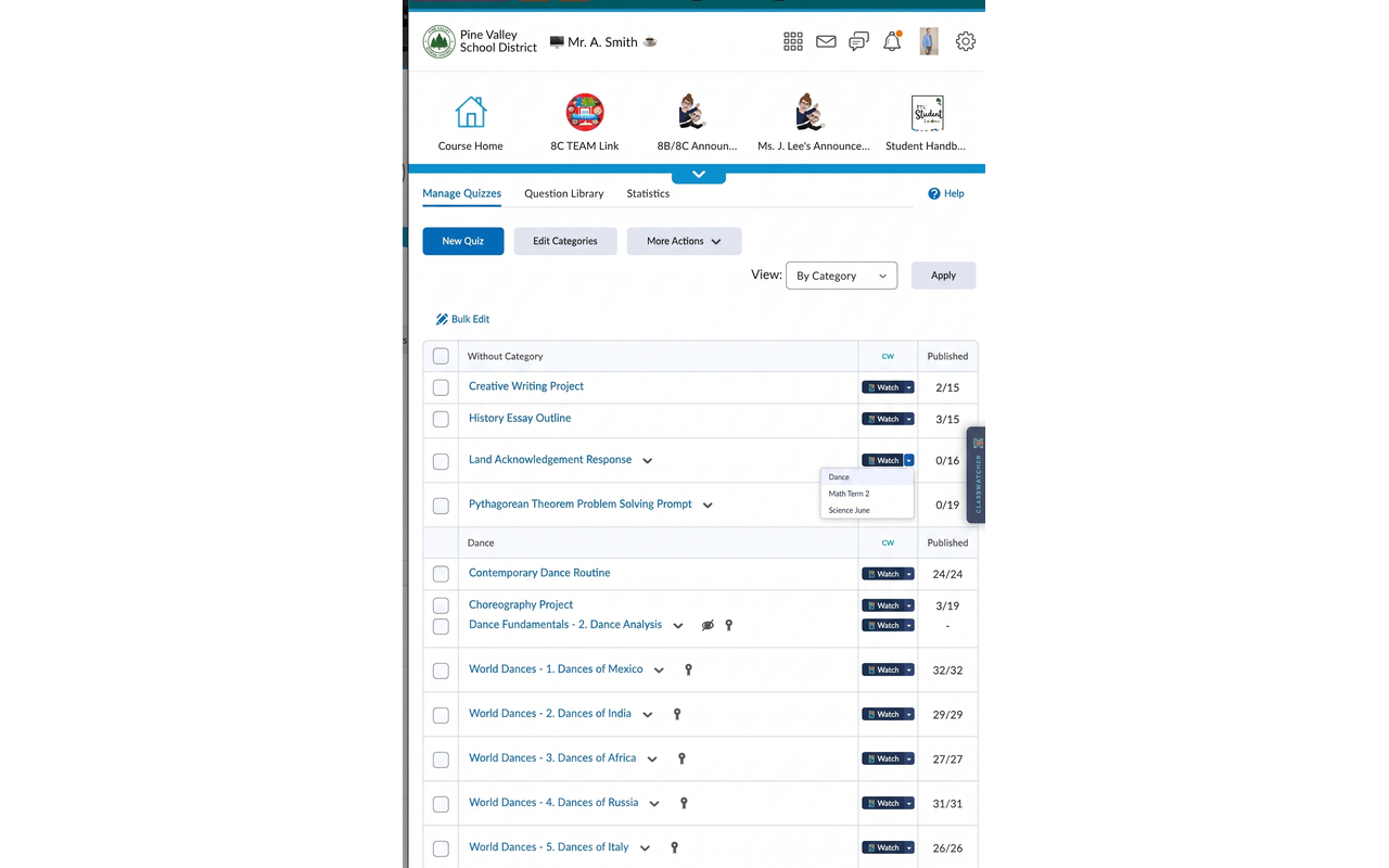 ClassWatcher watch list showing missing counts across multiple quizzes